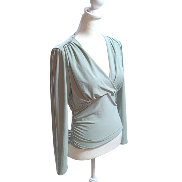 NWT Mynta Elegant Blouson Blouse in Light Green Women's S Petite Faux Wrap Top - Picture 2 of 10
